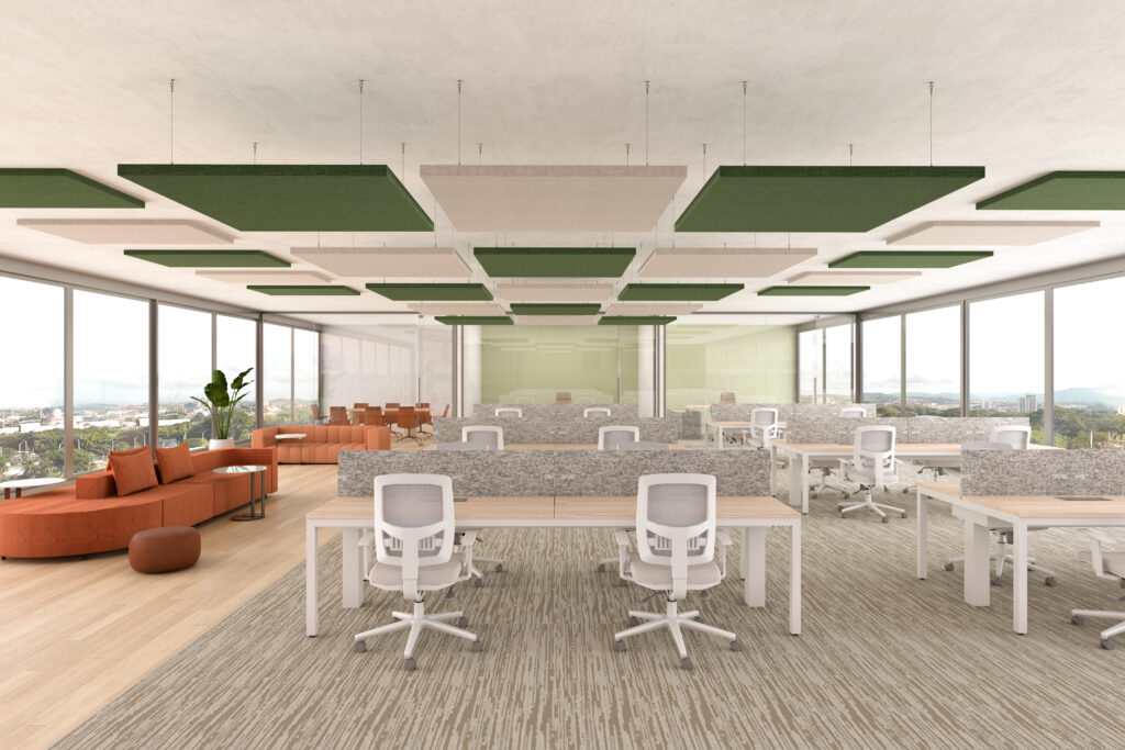 Fabric wrapped acoustic suspended ceiling panels and flush mount ceiling panels in alternating green and beige in modern open concept office setting with multiple workstations, seating area with orange-brown couches, conference room and offices with glass walls.