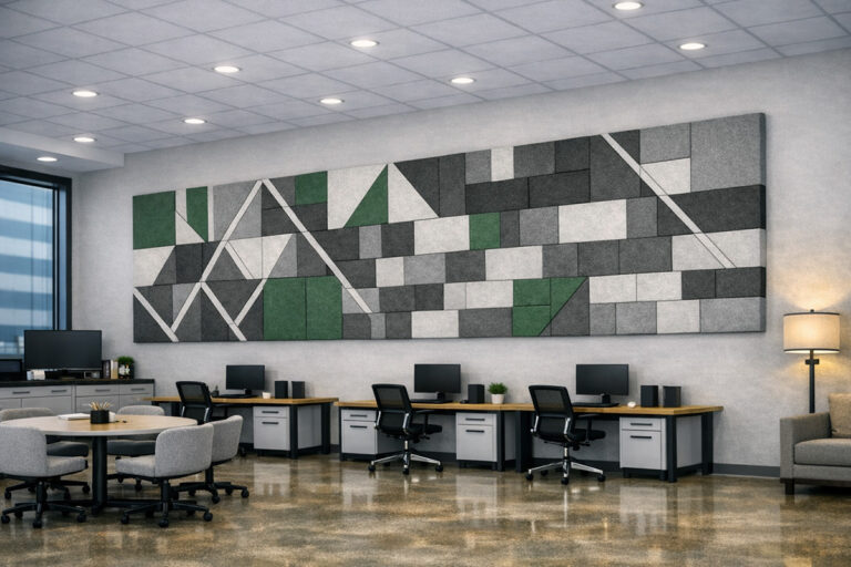 Custom-made PET panels in complimentary colors created as a geometric focal wall within an open office environment